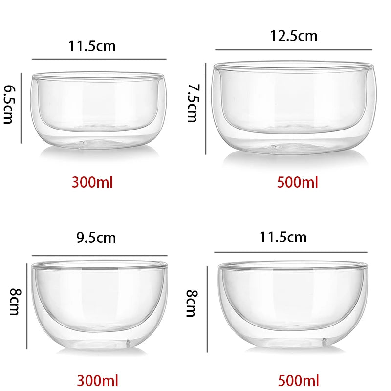 300/500ml Clear Double-Layer Glass Bowl – Heat-Resistant Glassware for Soup, Salad, Cereal, Fruit, and Desserts