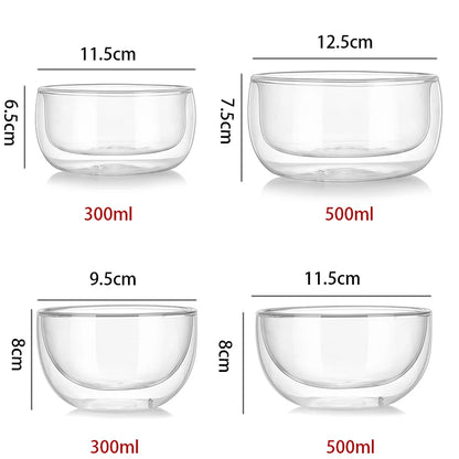 300/500ml Clear Double-Layer Glass Bowl – Heat-Resistant Glassware for Soup, Salad, Cereal, Fruit, and Desserts