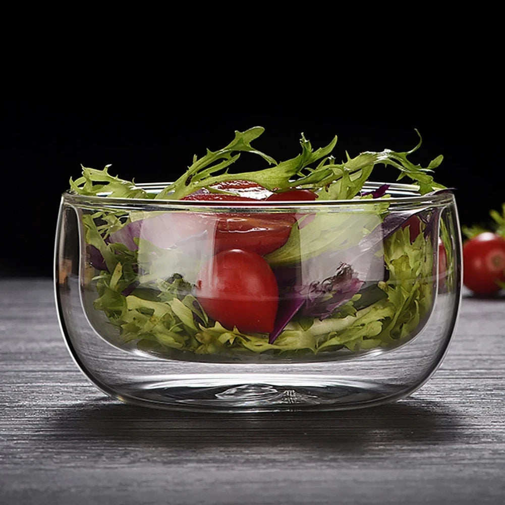 300/500ml Clear Double-Layer Glass Bowl – Heat-Resistant Glassware for Soup, Salad, Cereal, Fruit, and Desserts